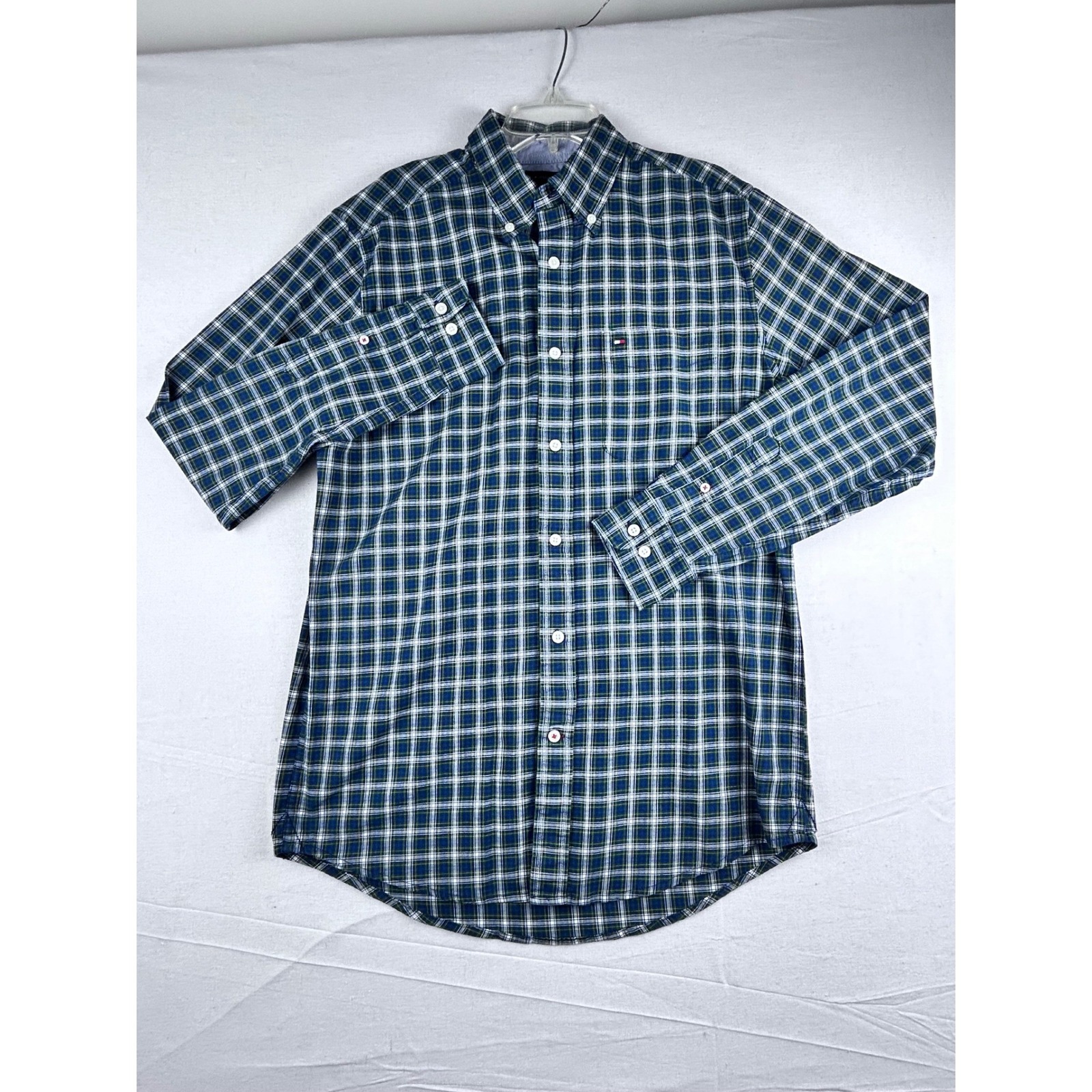 Tommy Hilfiger Mens Small Classic Fit Plaid Button Down Shirt Navy Green